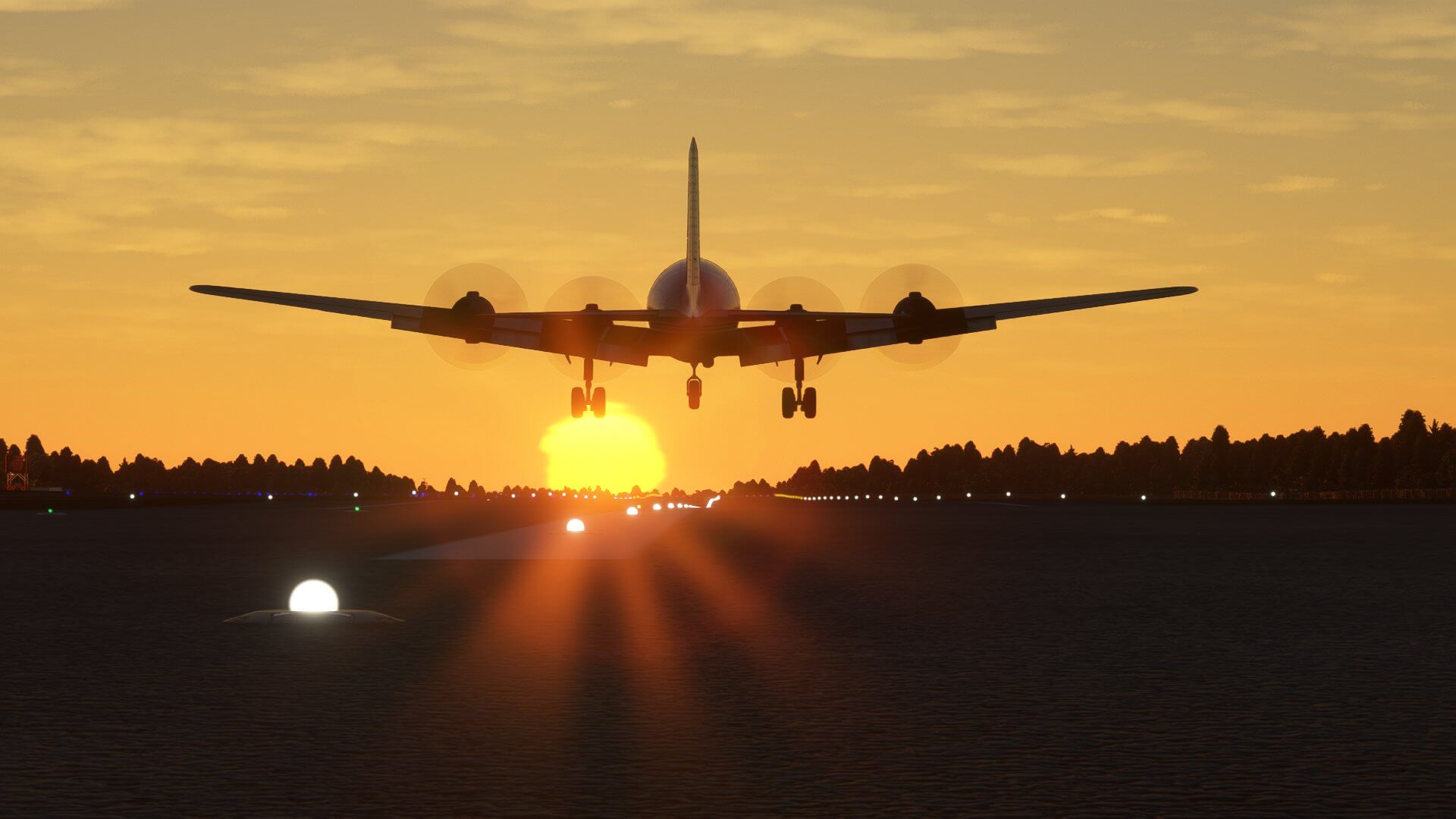 The silhouette of a DC-6 takes off with landing gear still down towards the sun at golden hour.