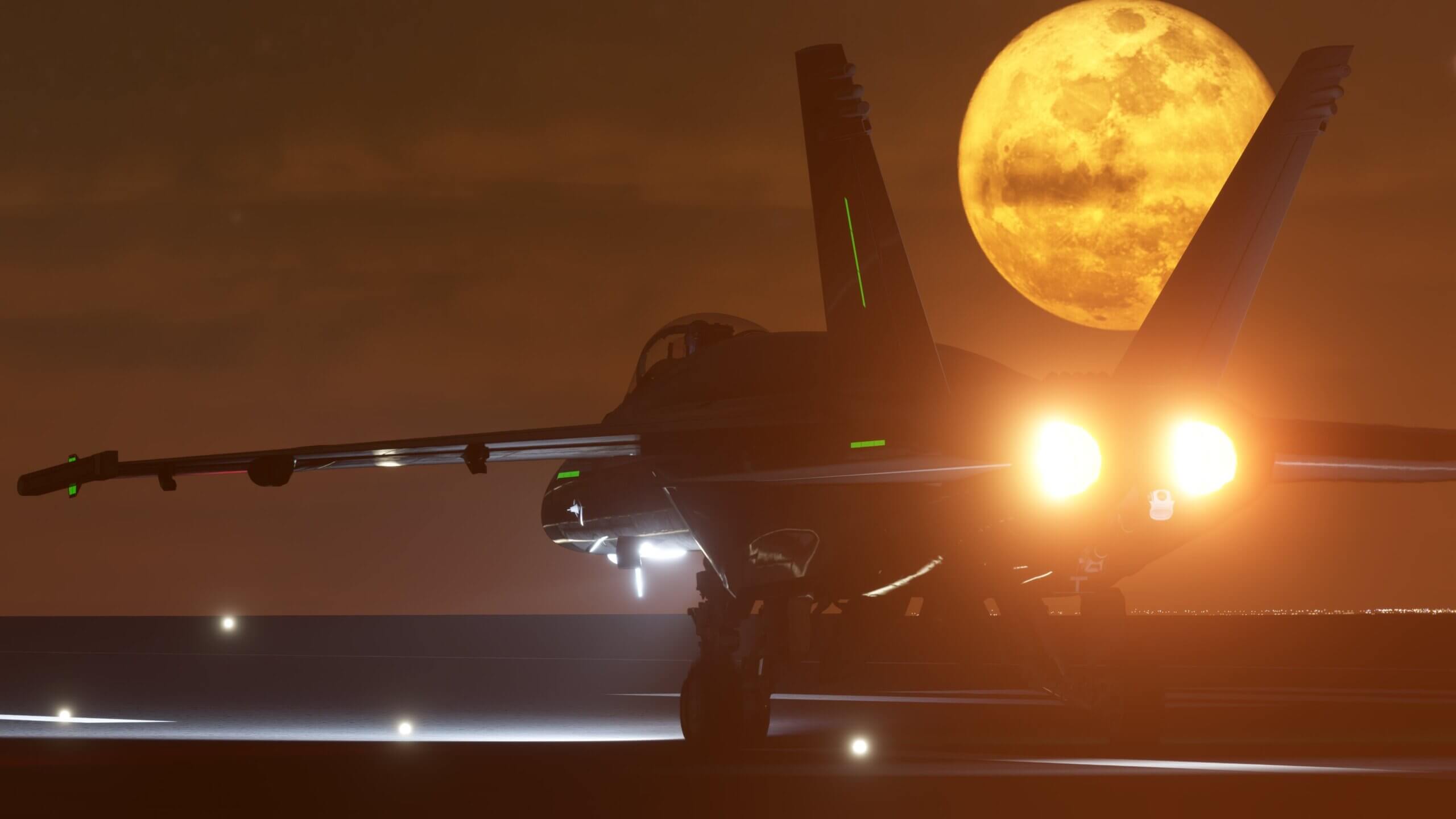 The F/A-18 Hornet lights its afterburners for takeoff from an aircraft carrier, with a full moon visible through the vertical stabilizers.