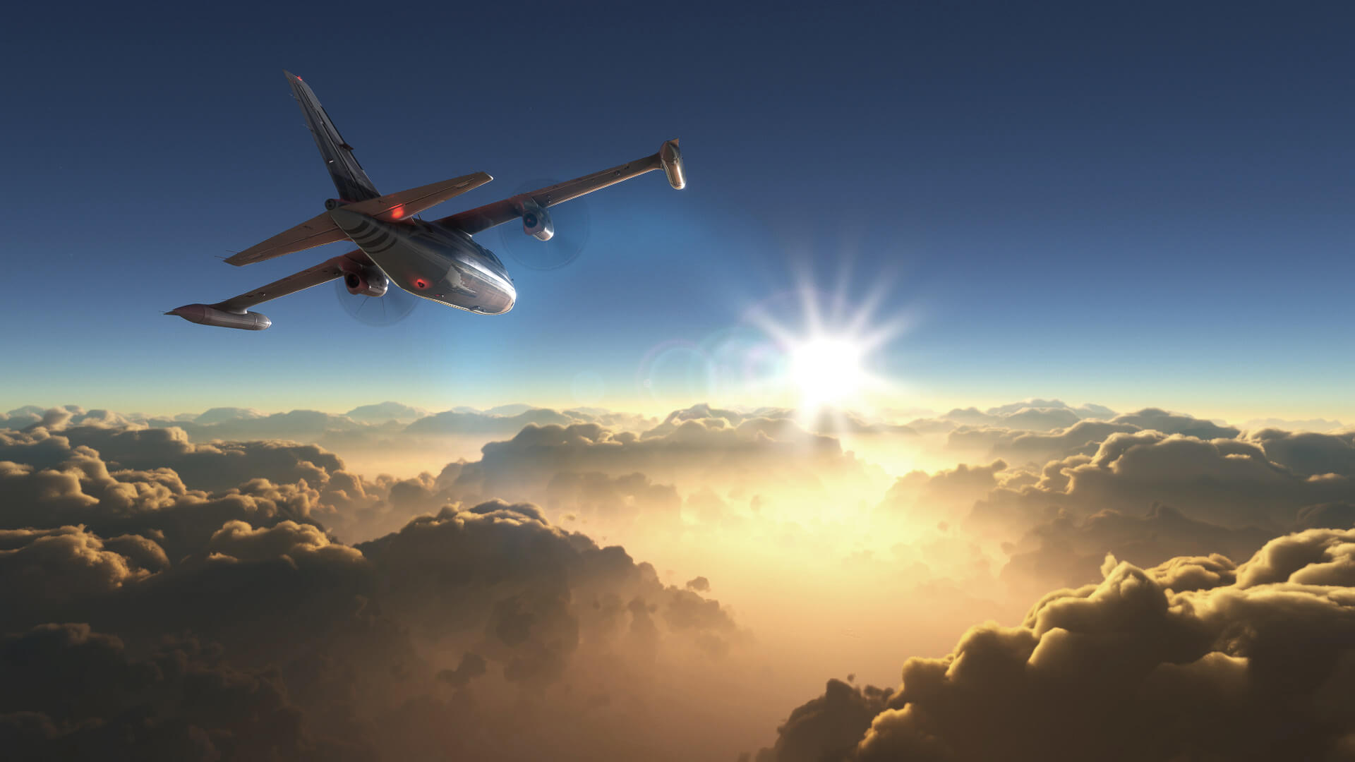 A Mitsubishi MU-2 cruises high above clouds with the sun in front.