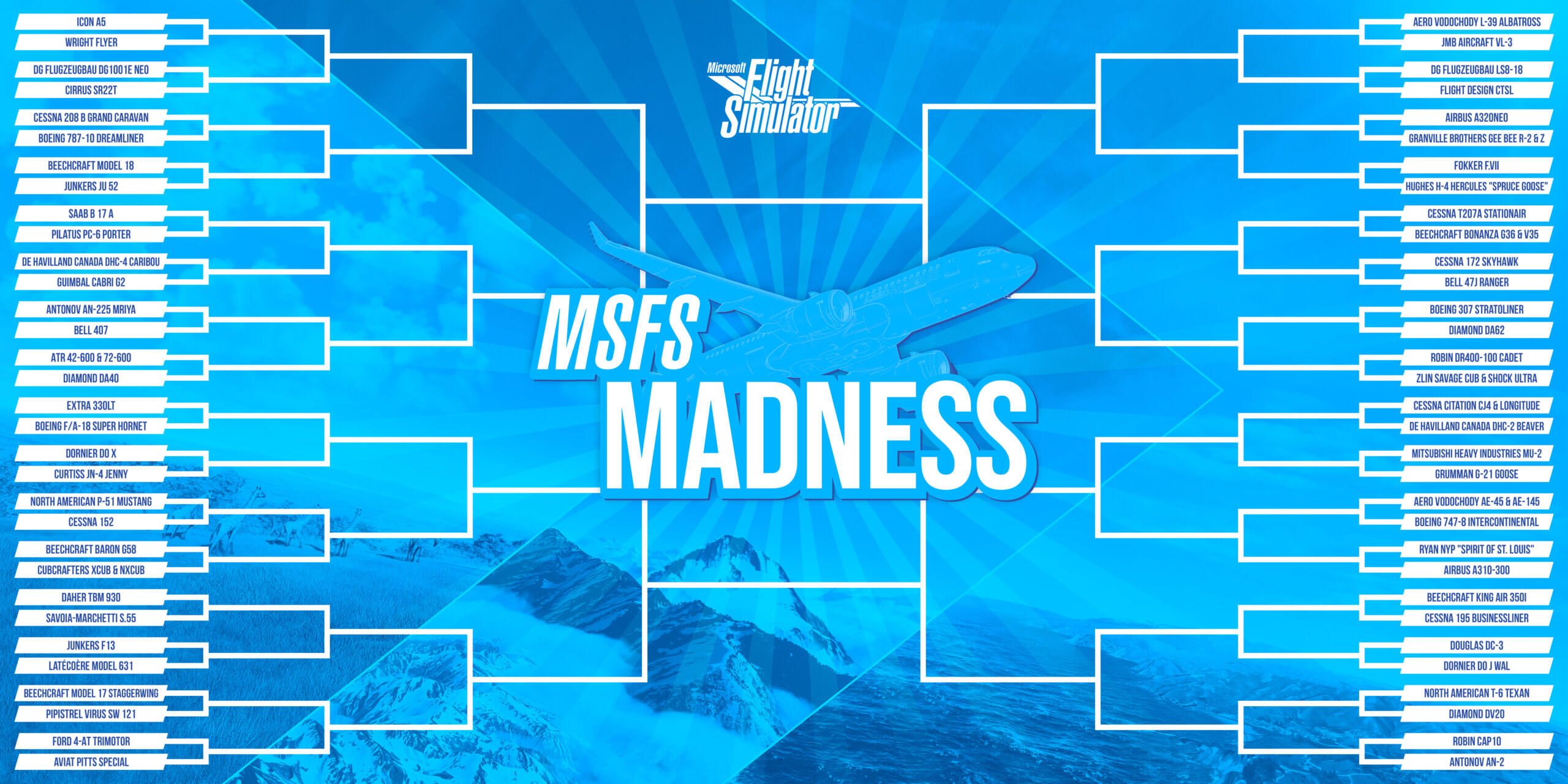 A tournament bracket with 64 different aircraft from Microsoft Flight Simulator