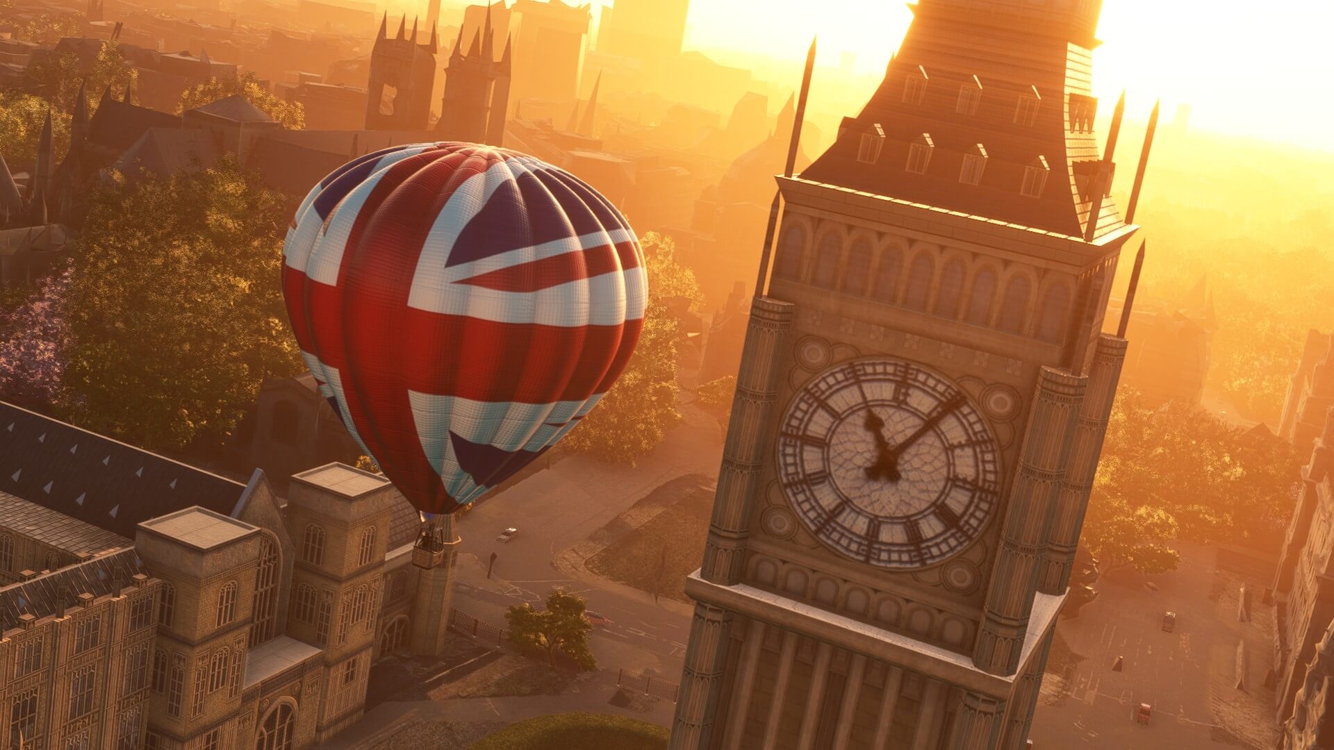 A Hot Air Balloon with Union Flag paint scheme flies close to the Clock Tower in London, England.