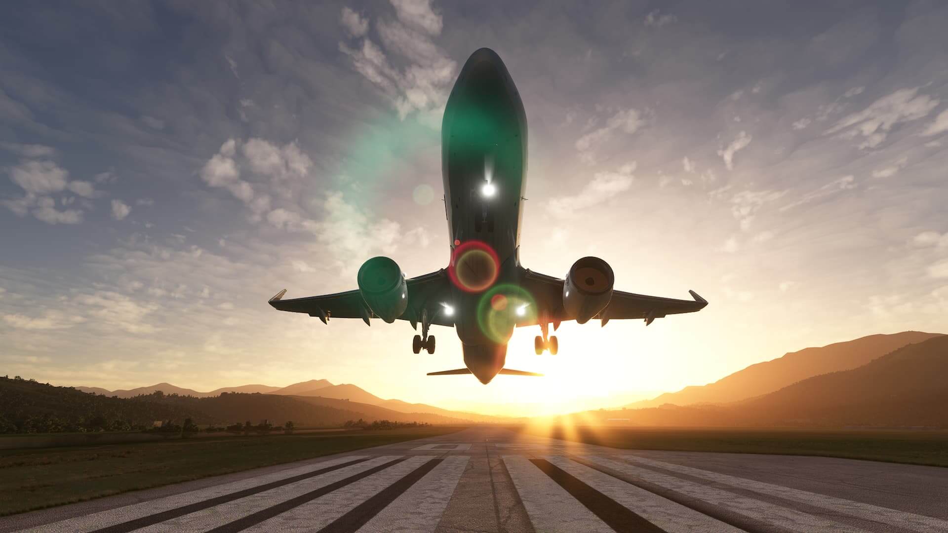 An Airbus A320 takes off with sun behind.
