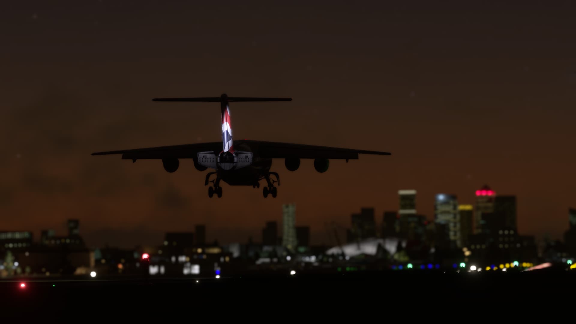 A British Airways BAE 146 airliner has tail spoilers extended on approach for runway 27 at London City Airport.