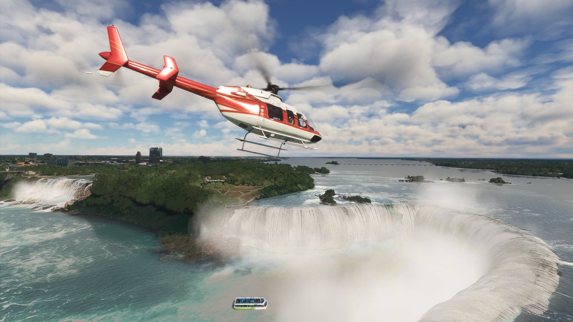 A Bell 407 in red and white livery flies close to Niagara Falls