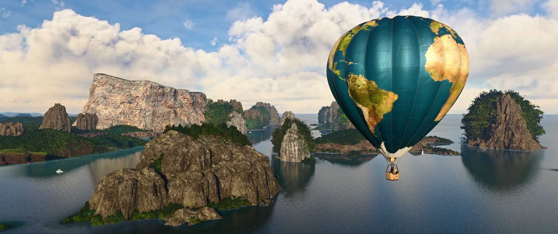 A Hot Air Balloon with the world map paint scheme flies near remote islands
