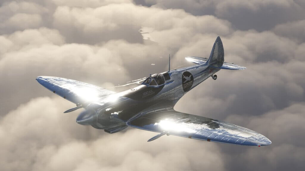 A metallic warbird cruises above overcast clouds with the sun reflecting brightly off of the fuselage and wings.