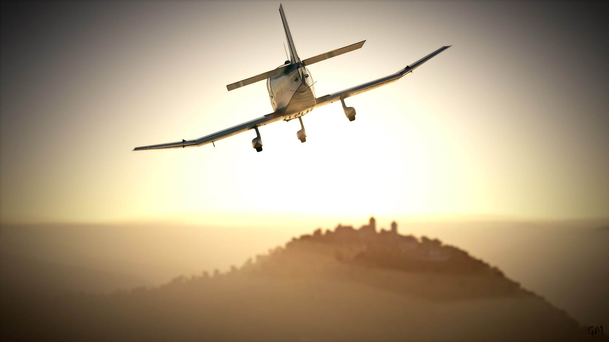 A DR-40 banks to the left flying directly towards the sun, as a hillside is silhouetted ahead.