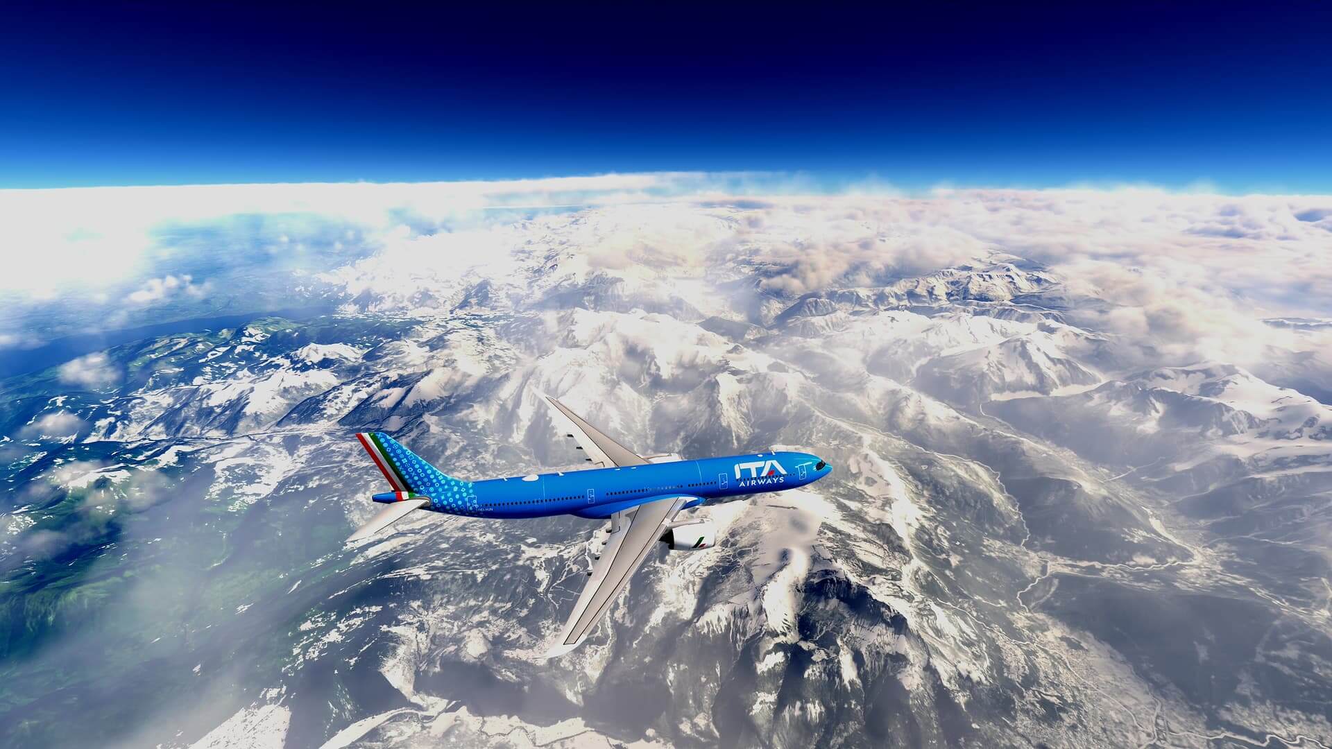 An ITA Airways Airbus A330 cruises high above snowy mountain ranges.