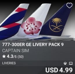 777-300ER GE Livery Pack 9 by Captain Sim. USD 4.99
