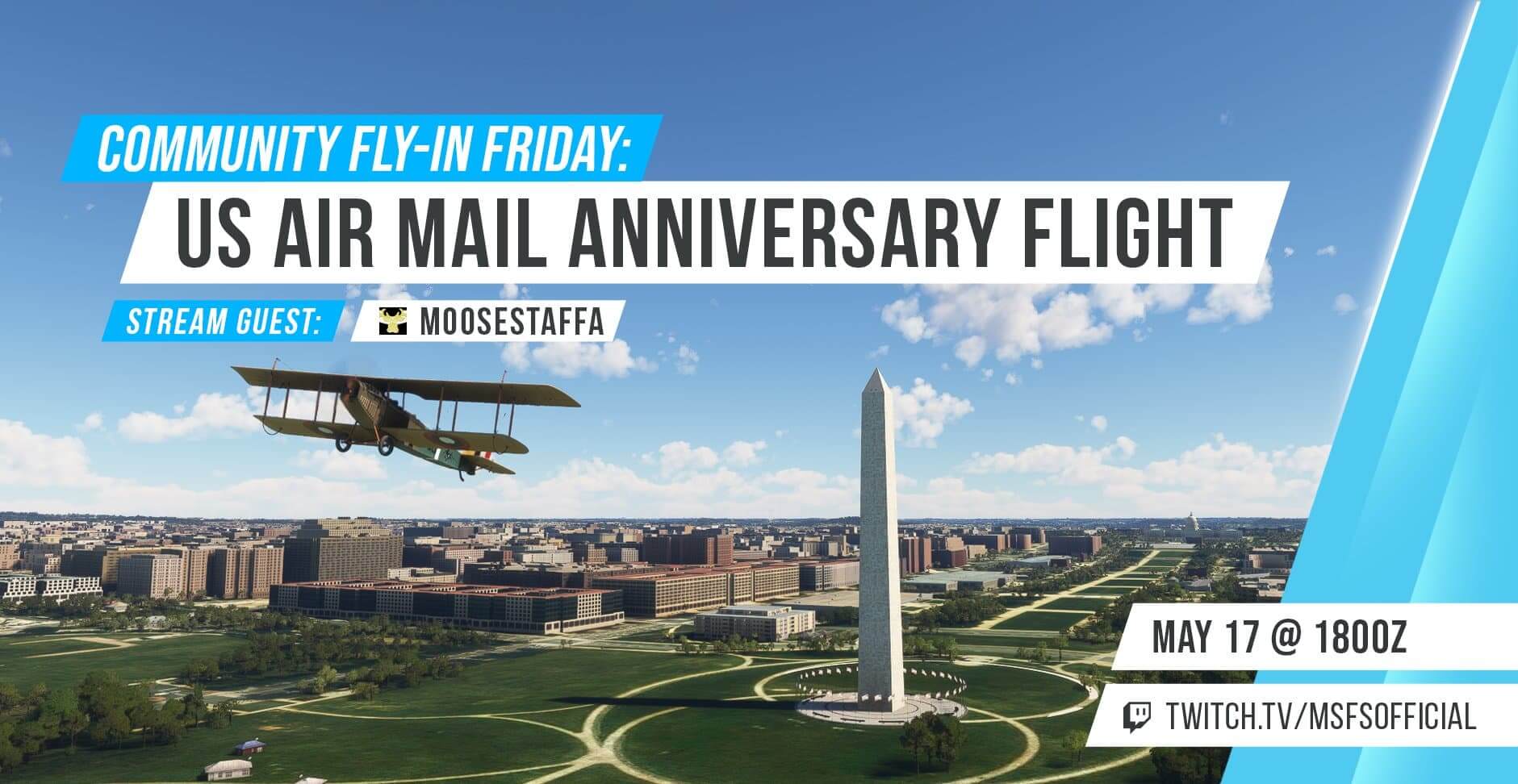 Community Fly-In Friday: US Air Mail Anniversary Flight. May 17th at 1800 UTC. twitch.tv/msfsofficial