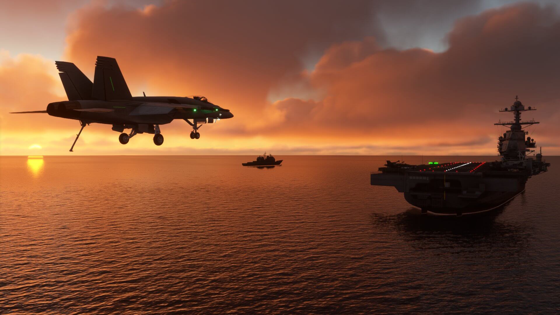An F/A-18C with Landing Gear and Hook lowered approaches an aircraft carrier, with the sun setting in the distance.