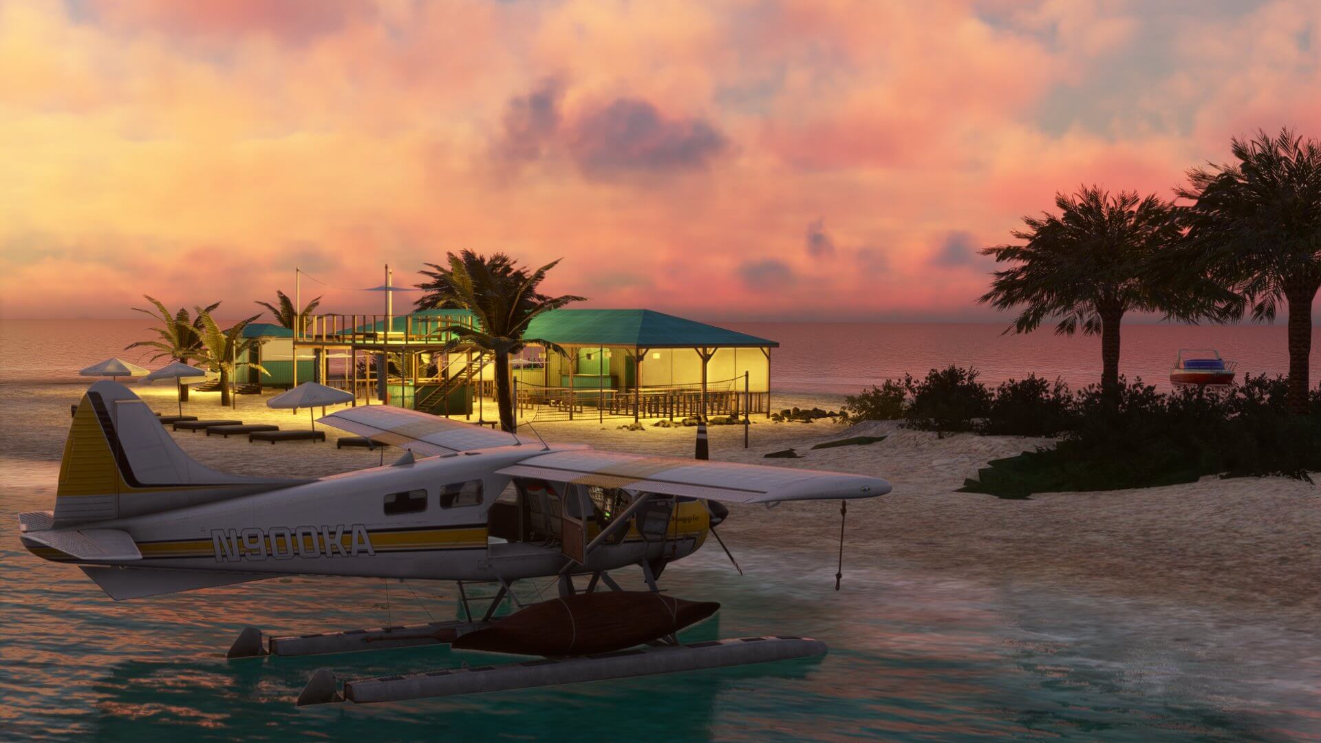A Cessna propeller aircraft with floats, sits idly on the water next to a Caribbean island hut