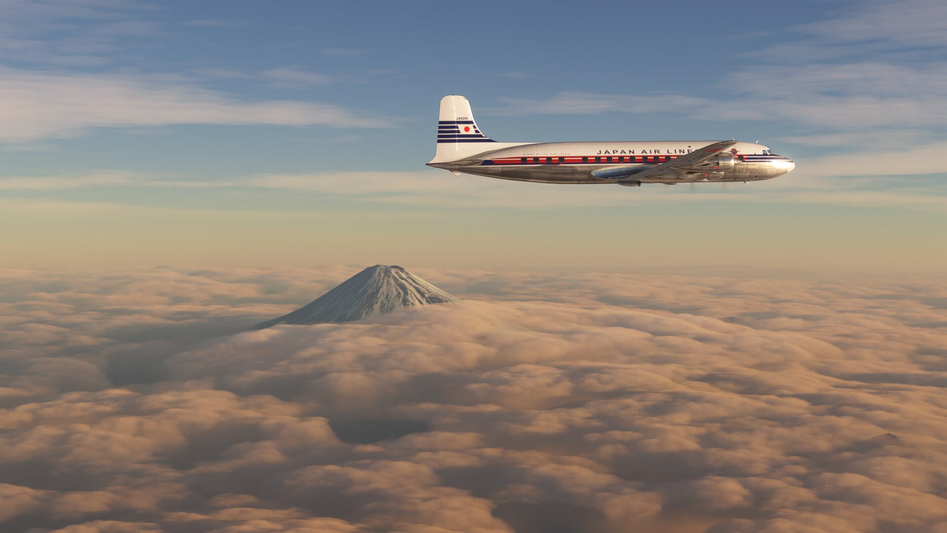A Japan Air Lines DC-6 cruises high above overcast clouds, with Mount Fuji peaking through the cloud layer
