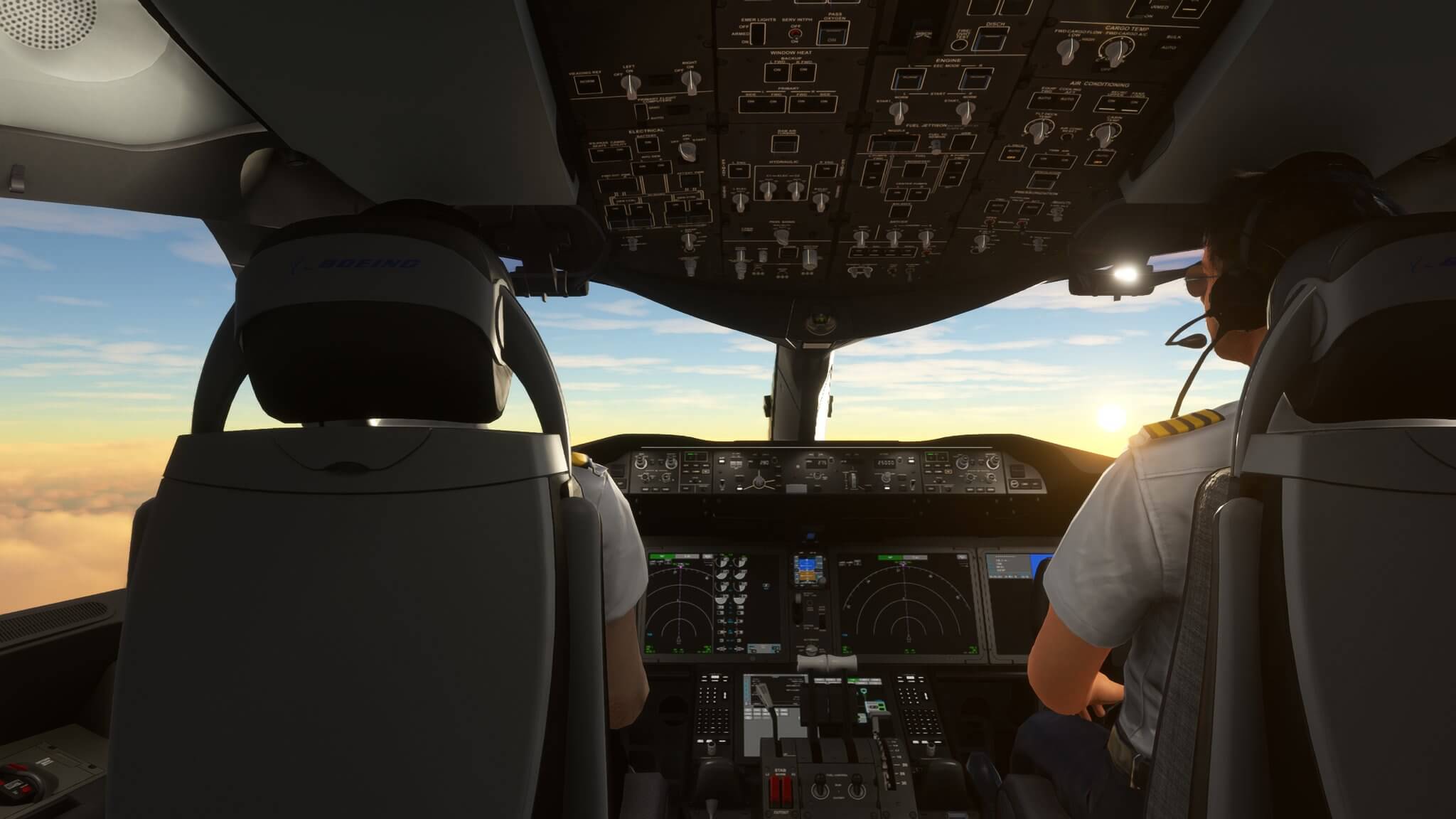 The flightdeck of a Boeing 787 is shown with the sun visible outside of the window blinding the pilots