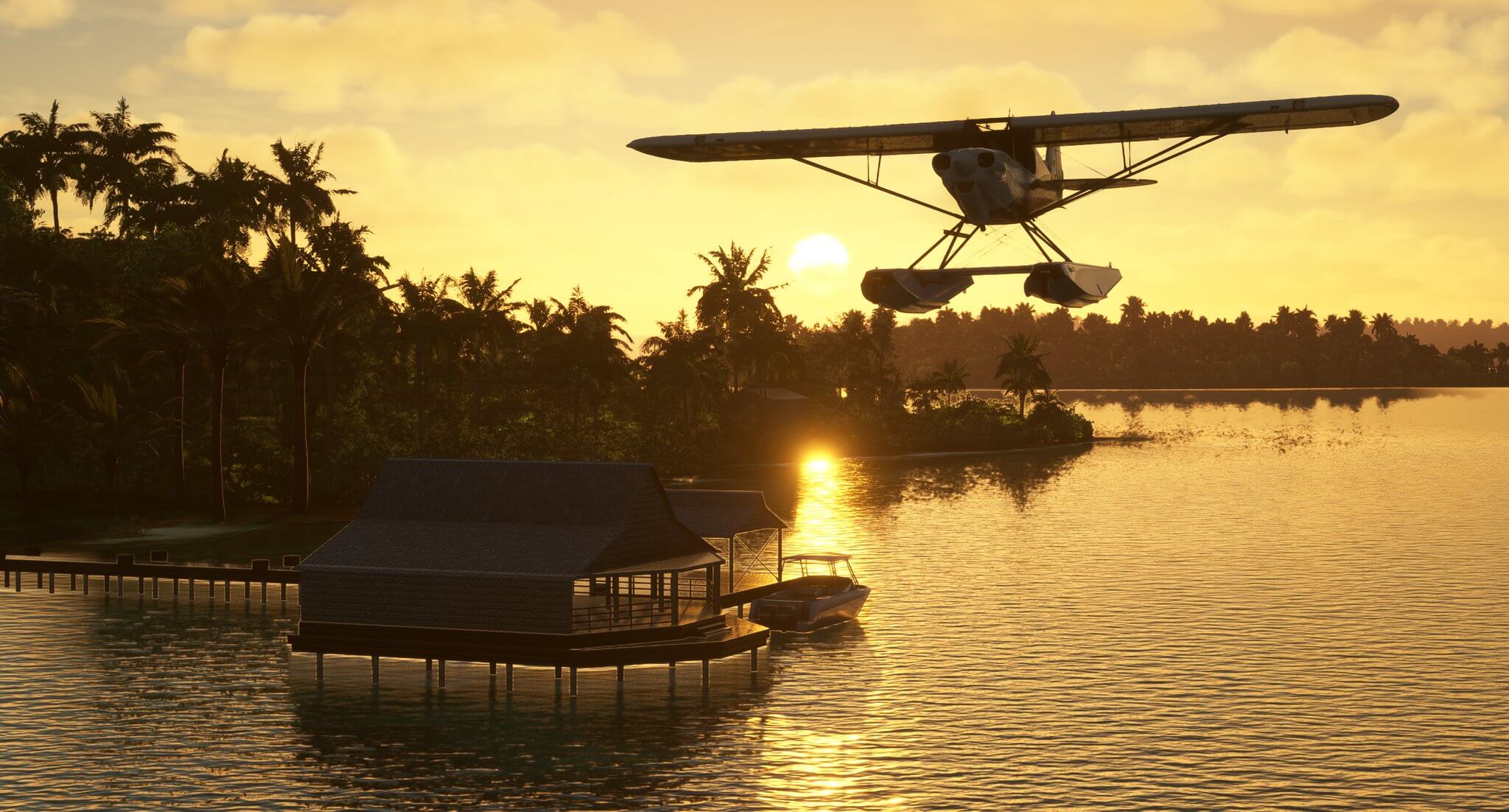An X-Cub with floats flies close to a marina with the sun setting over palm trees in the distance
