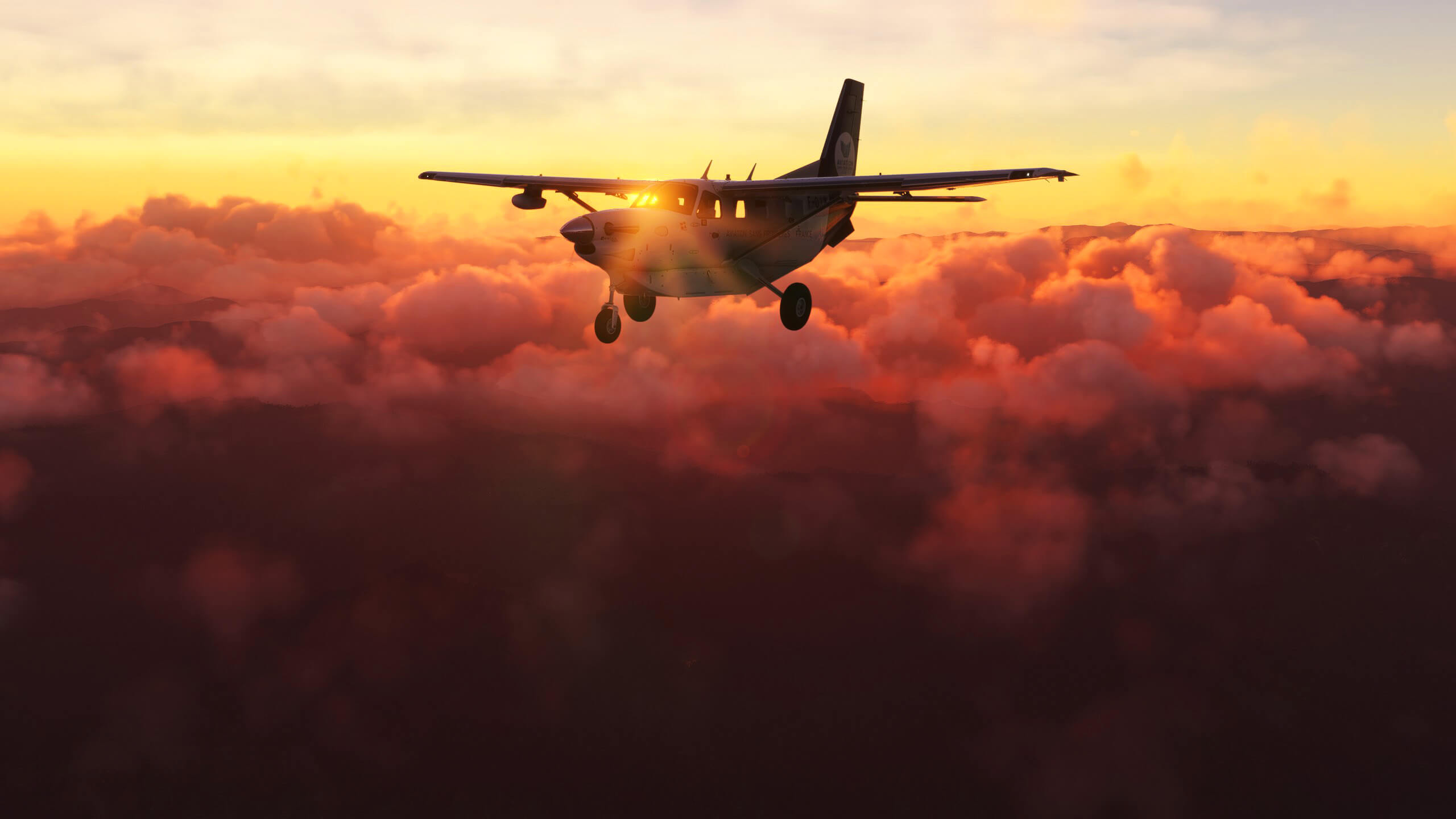 A Cessna Caravan cruises above cloud formations at sunset, with the sun reflecting through the cockpit windows