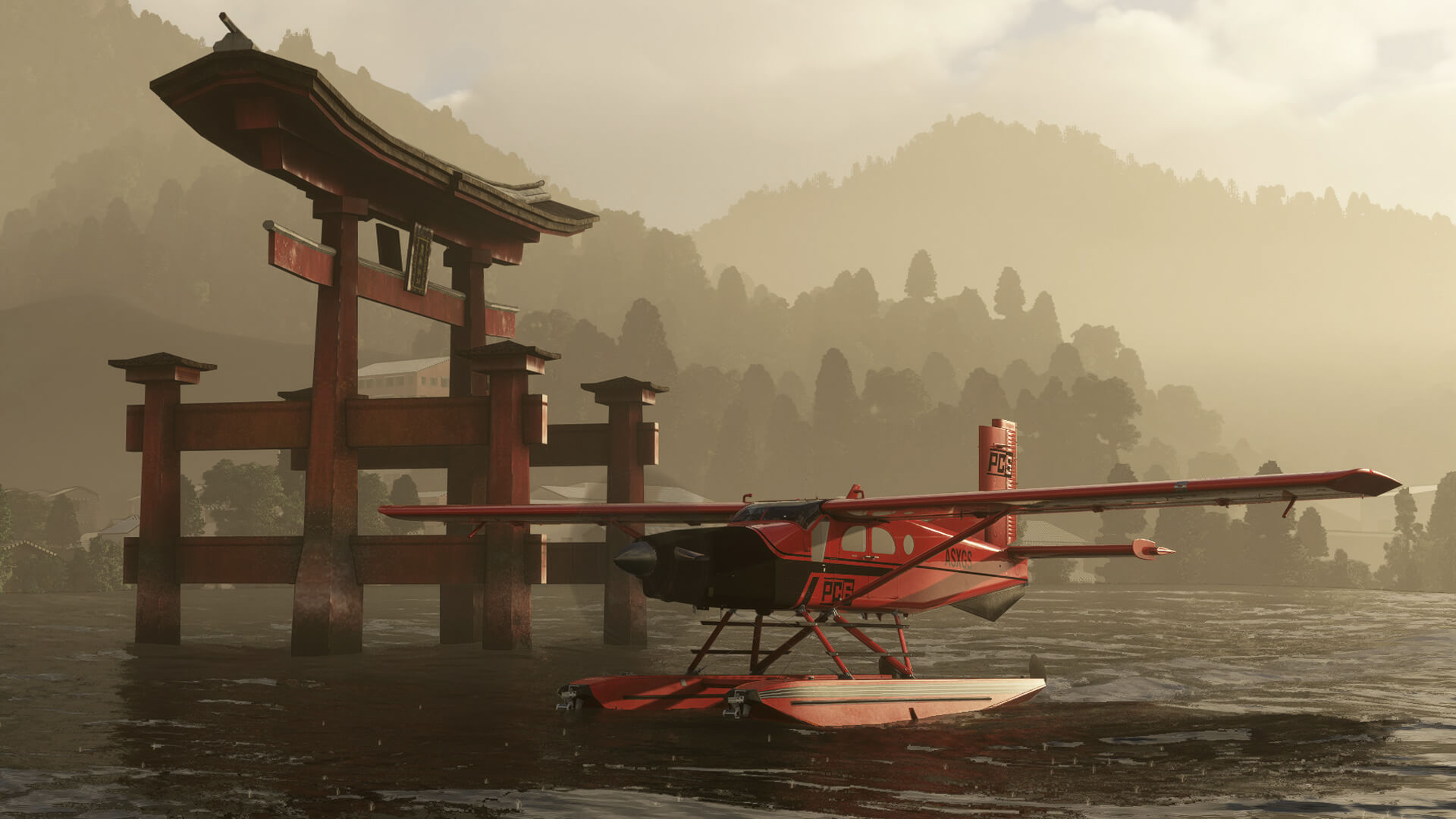 A water float propeller PC-6 sits in the rain with engine running next to a Japanese monument