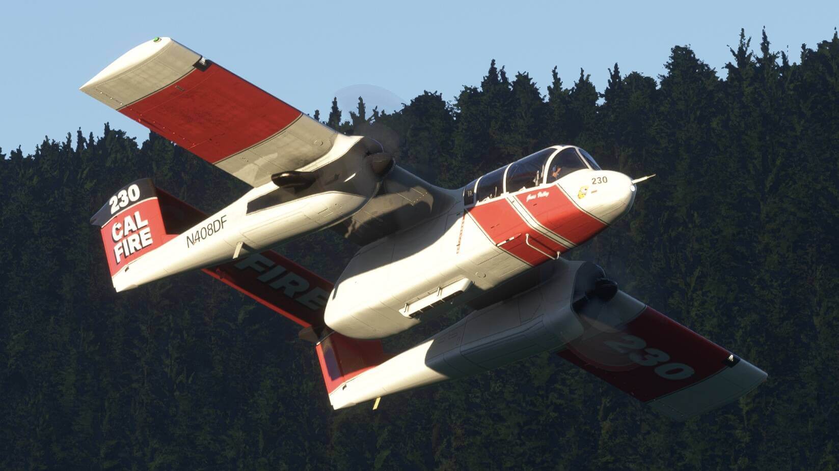 The OV-10 Bronco in white and red striped livery climbs out on departure with high trees in the background