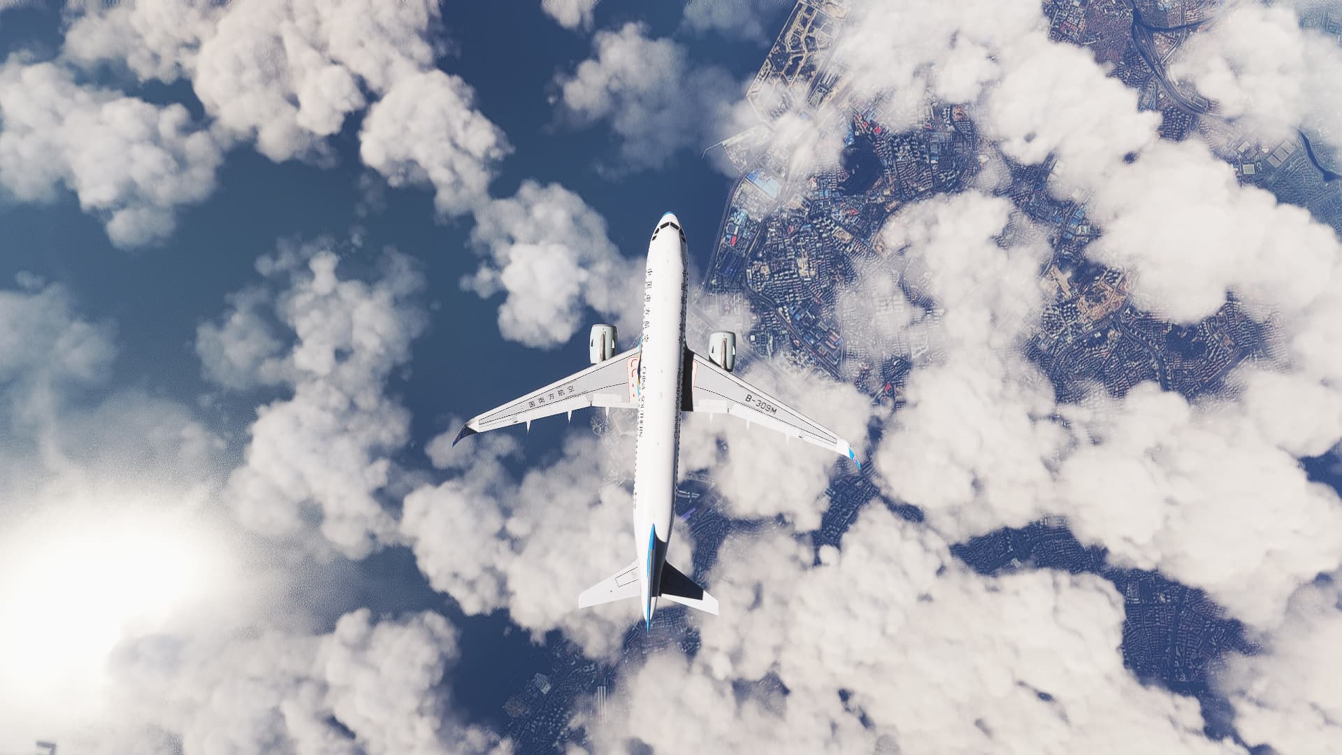 A birds eye view of an Airbus A320 NEO flying above scattered clouds and a city below.