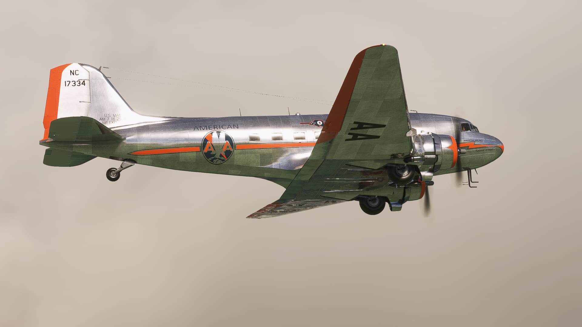 A silver and orange American DC-3 banks left amongst stormy clouds