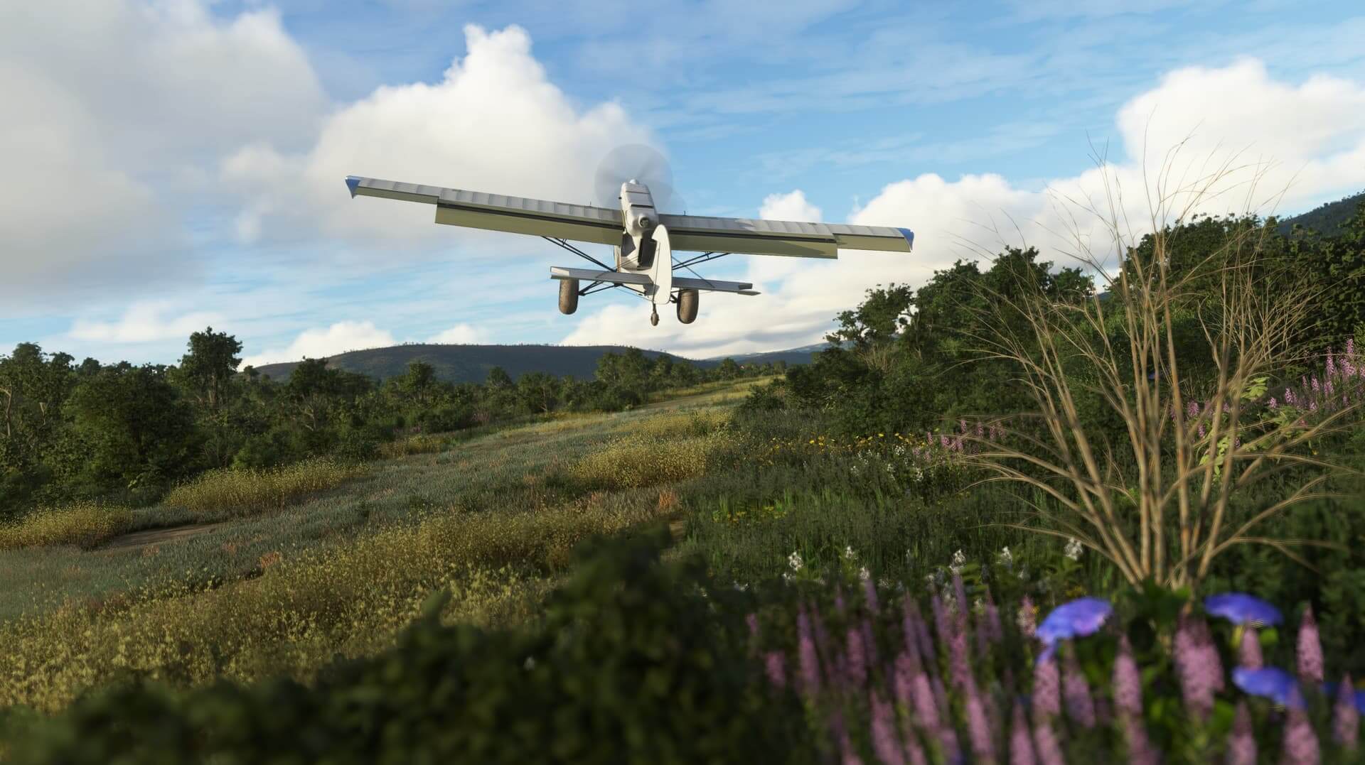 A propeller aircraft with flaps deployed passes close to shrubbery as it raises the nose in a high angle of attack manoeuvre.