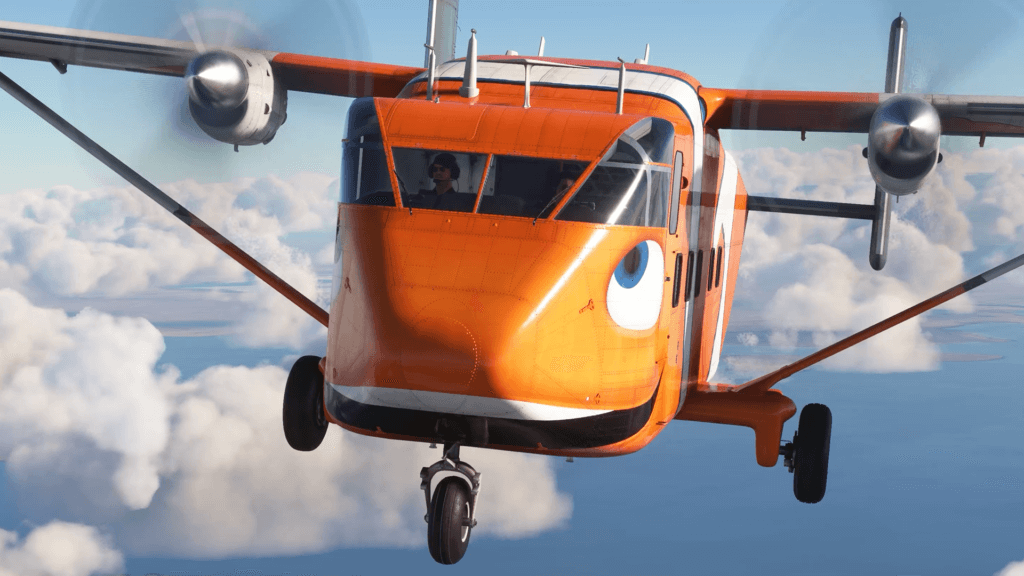 A Short Skyvan with an orange clownfish livery in flight