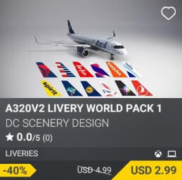 A320v2 Livery World Pack 1 by DC Scenery Design. USD 4.99 (on sale for 2.99)