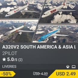 A320V2 SOUTH AMERICA & ASIA LIVERIES by 2PILOT. USD 4.99 (on sale for 2.49)