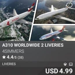 A310 Worldwide 2 Liveries by 4Simmers. USD 4.99