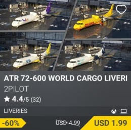 ATR 72-600 WORLD CARGO LIVERIES by 2PILOT. USD 4.99 (on sale for 1.99)