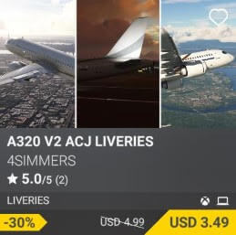 A320 v2 ACJ Liveries by 4Simmers. USD 4.99 (on sale for 3.49)
