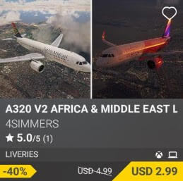 A320 v2 Africa & Middle East Liveries by 4Simmers. USD 4.99 (on sale for 2.99)