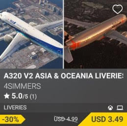 A320 v2 Asia & Oceania Liveries by 4Simmers. USD 4.99 (on sale for 3.49)