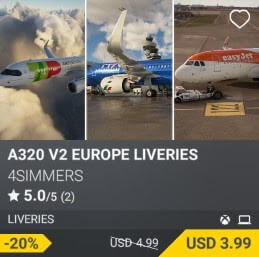 A320 v2 Europe Liveries by 4Simmers. USD 4.99 (on sale for 3.99)