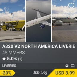 A320 v2 North America Liveries by 4Simmers. USD 4.99 (on sale for 3.99)