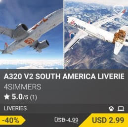 A320 v2 South America Liveries by 4Simmers. USD 4.99 (on sale for 2.99)