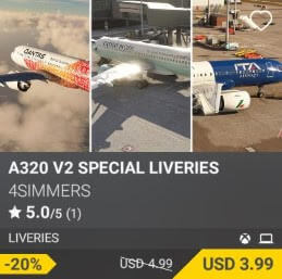 A320 v2 Special Liveries by 4Simmers. USD 4.99 (on sale for 3.99)