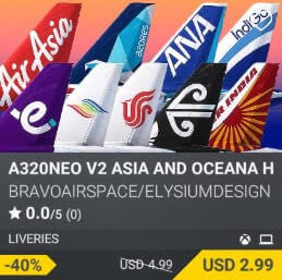 A320NEO V2 ASIA AND OCEANA HANGAR 11 by BravoAirspace / ElysiumDesign. USD 4.99 (on sale for 2.99)