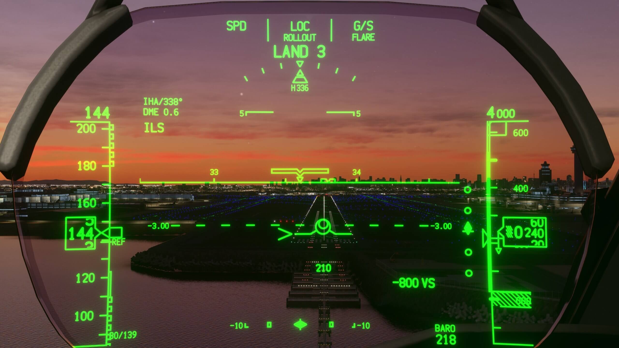 The view from a Boeing 787 HUD on short final to land at a major international airport