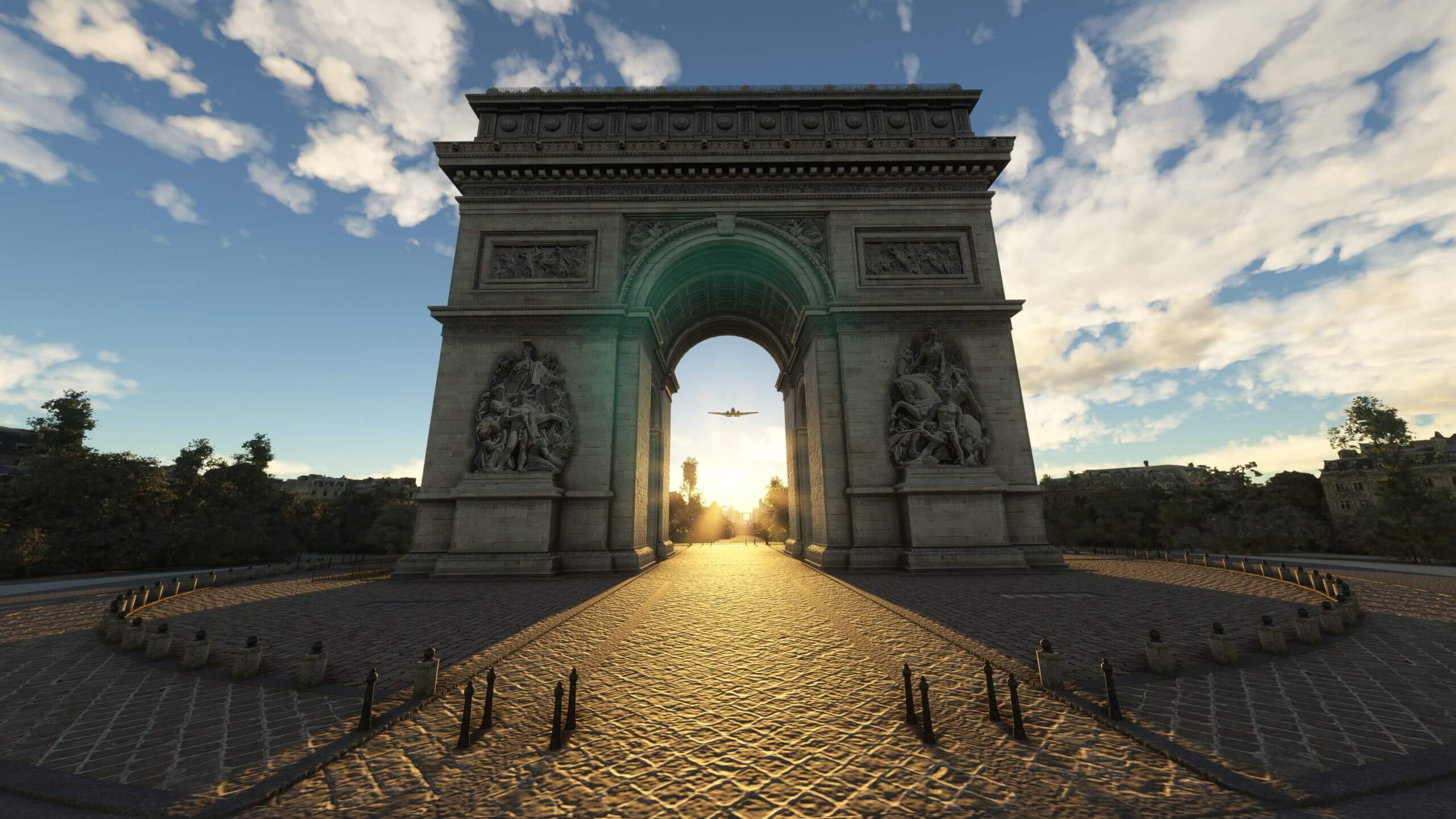 A view of the Arc de Triomphe in Paris, France, with an airborne low wing wardbird aircraft visible through the archway.