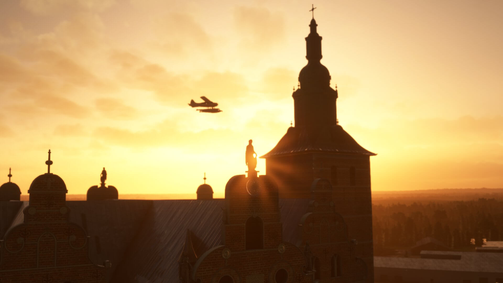 A silhouette of a propeller aircraft flies near a Church with the sun shining in the background