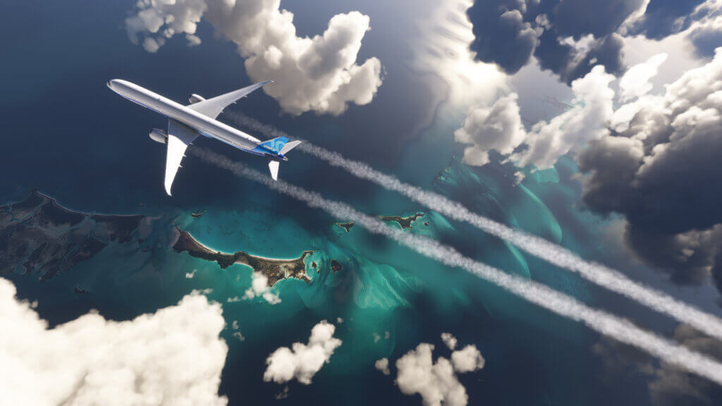 A Boeing 787 cruises at high altitude above scattered clouds and Caribbean islands, with contrails flowing behind the jet