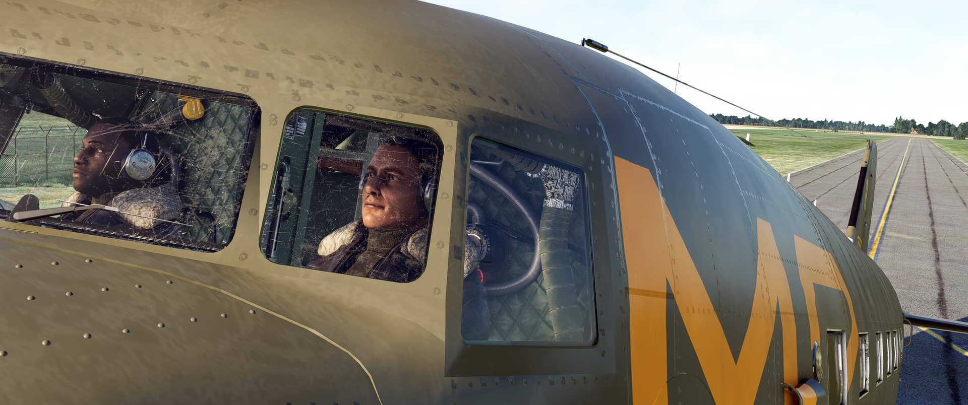 A C-47D Skytrain is taxiing at an airport, with a view inside the cockpit of the pilots in flight gear operating the aircraft.