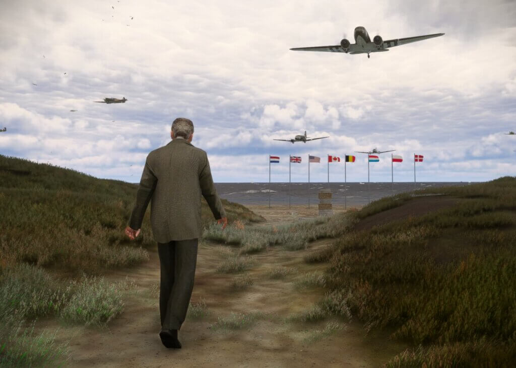 A gentleman in a suit walks towards the D-Day memorial on Omaha Beach, Normandy, with C-47D Skytrains and other warbird flying above.