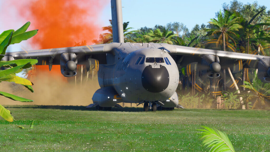 The Airbus A400M on a grass strip runway with surrounding trees and orange smoke plumes rising from the runway