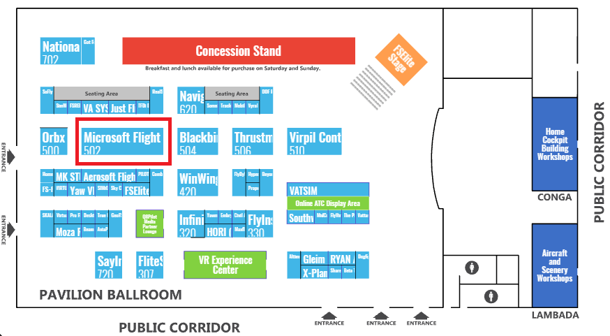 The FlightSimExpo convention floor plan showing the location of the Microsoft Flight Simulator booth outlined in red