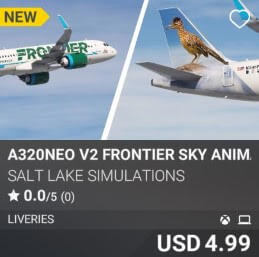 A320neo v2 Frontier Sky Animals Livery Pack 1 by Salt Lake Simulations. USD 4.99