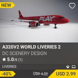 A320v2 World Liveries 2 by DC Scenery Design. USD 4.99 (on sale for 2.99)