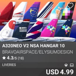 A320neo V2 NSA Hangar 10 by BravoAirspace/ElysiumDesign. USD 4.99