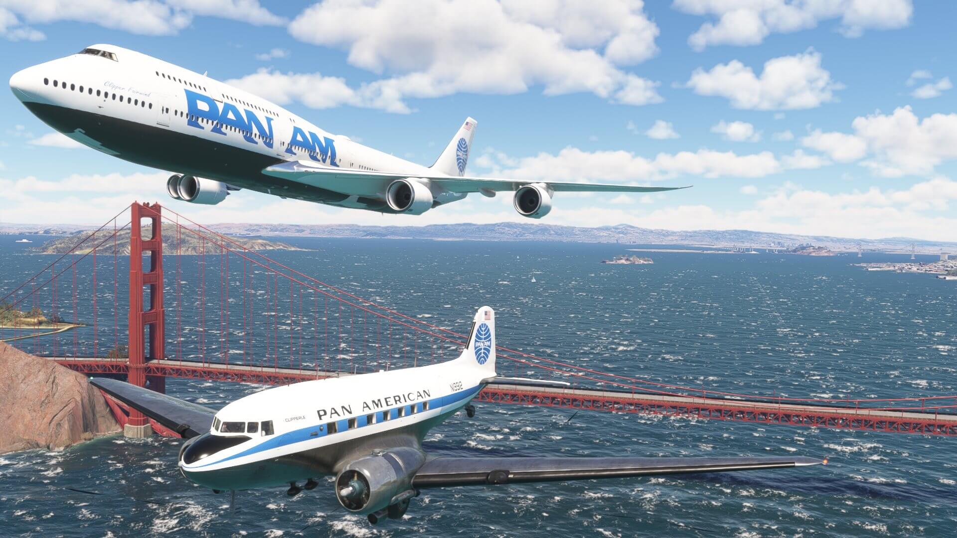 A Panam painted Boeing 747-8 and DC-3 fly in close formation over the Golden Gate Bridge, San Francisco